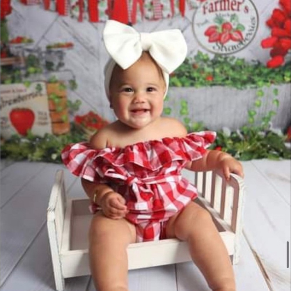 Red and White Checkered Baby Romper wBow plaid gingham off shoulder cake smash